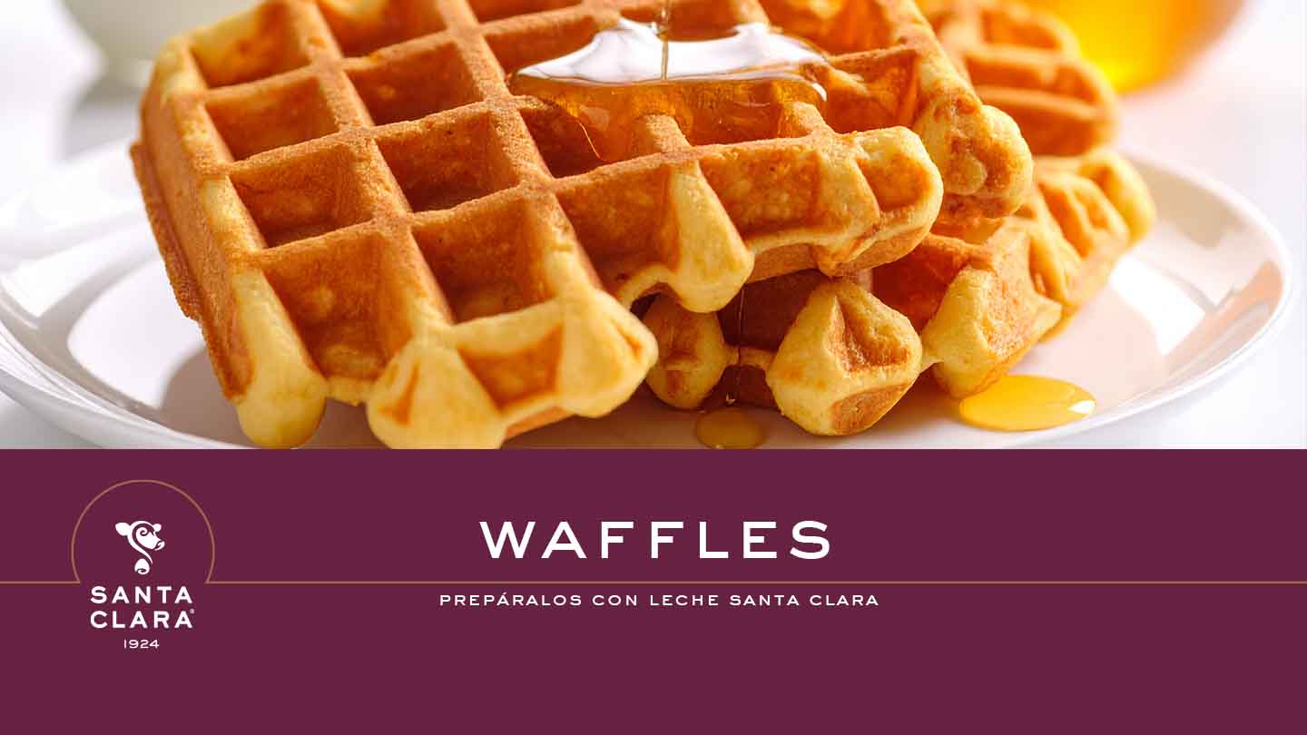 Waffles dorados con miel en un plato blanco. Abajo, una franja borgoña con el texto "WAFFLES" y el logo de Santa Clara, indicando "PREPARADOS CON LECHE SANTA CLARA"