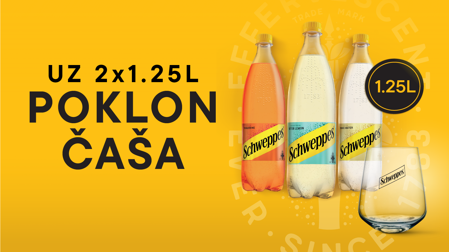 Reklama u žutoj boji prikazuje tri boce Schweppes napitka i poklon staklenu čašu uz kupovinu 2x1.25L