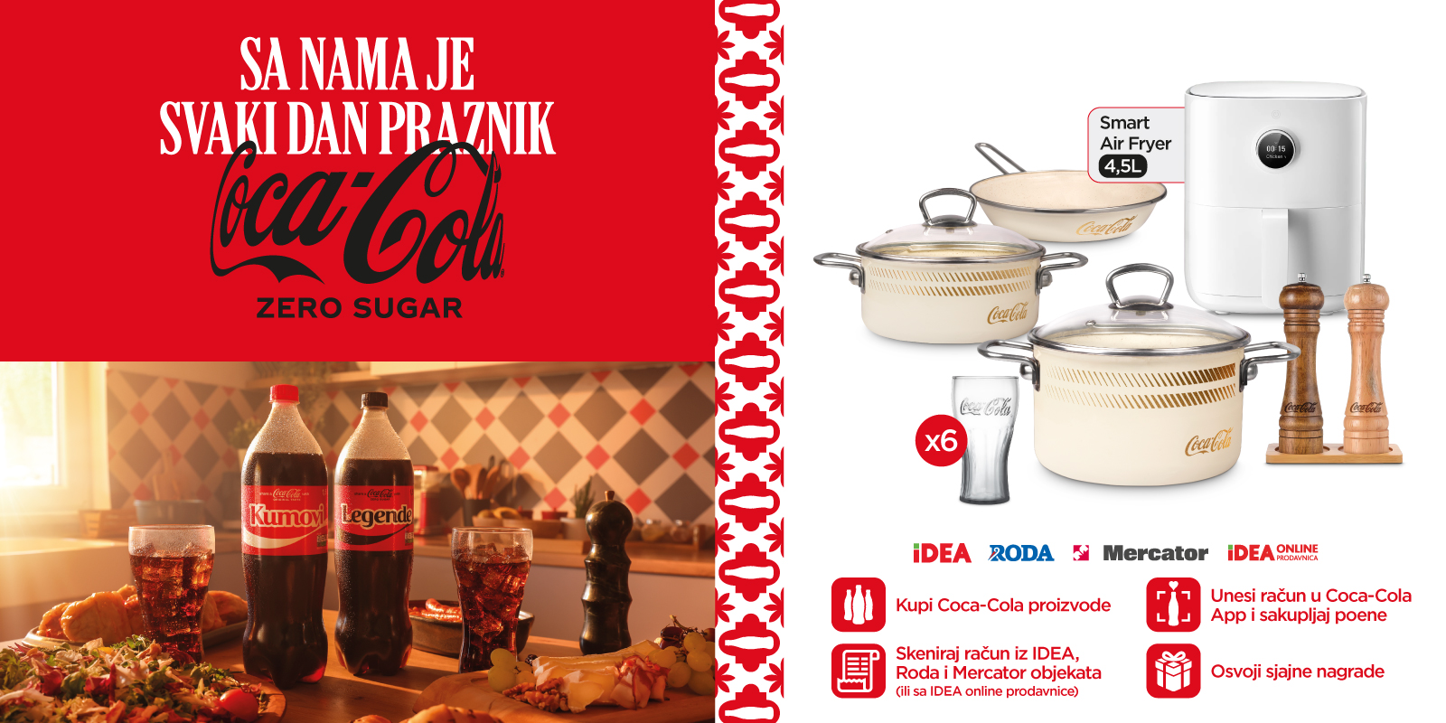 Promotivni poster Coca-Cola Zero Sugar akcije “Sa nama je svaki dan praznik” sa prikazom proizvoda i nagrada uz uputstvo za kupovinu, skeniranje računa i osvajanje poklona