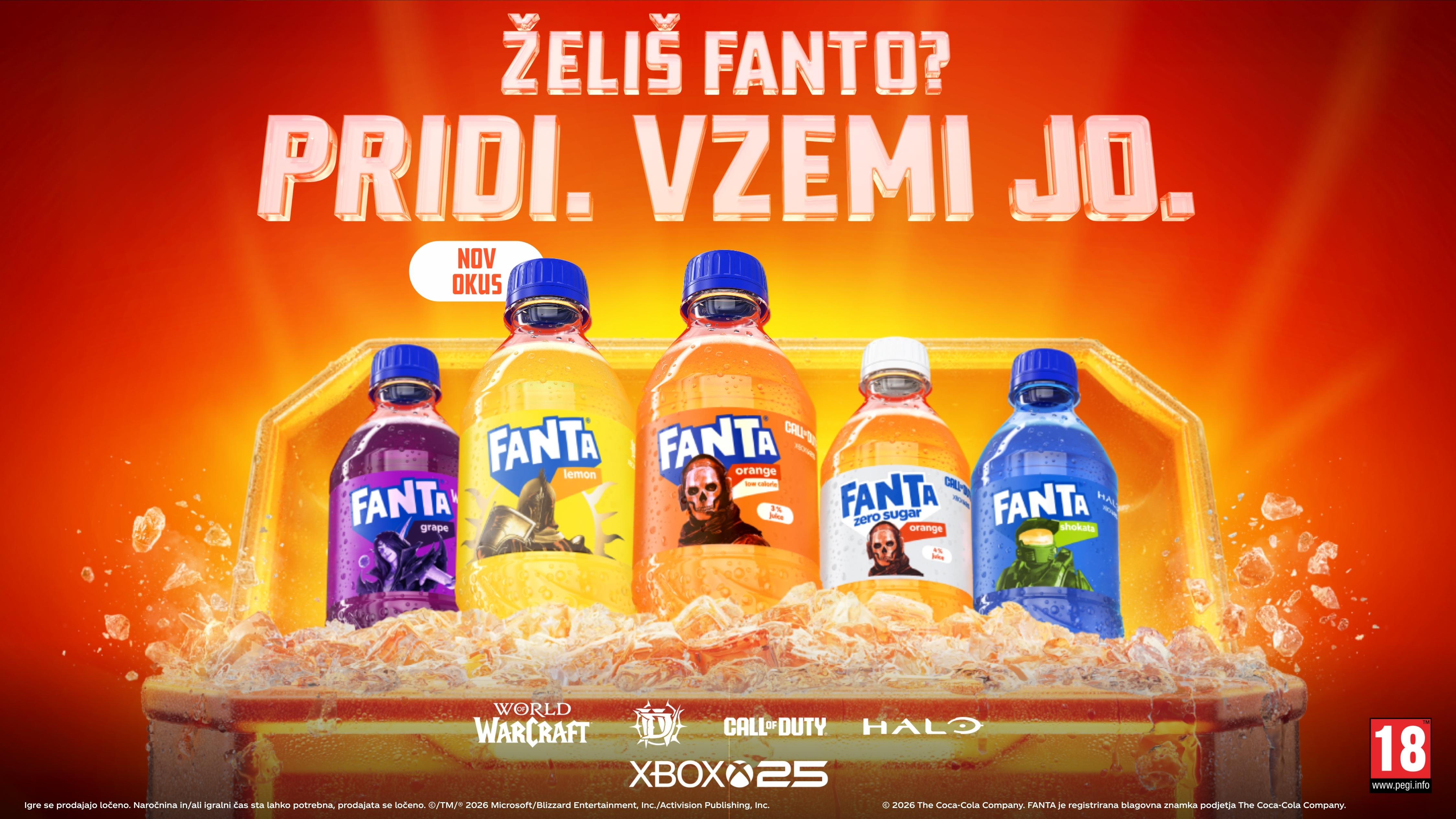Reklamni plakat prikazuje več steklenic pijače Fanta na ledu z velikim napisom »Želiš Fanto? Pridi. Vzemi jo.« na svetlem oranžnem ozadju.