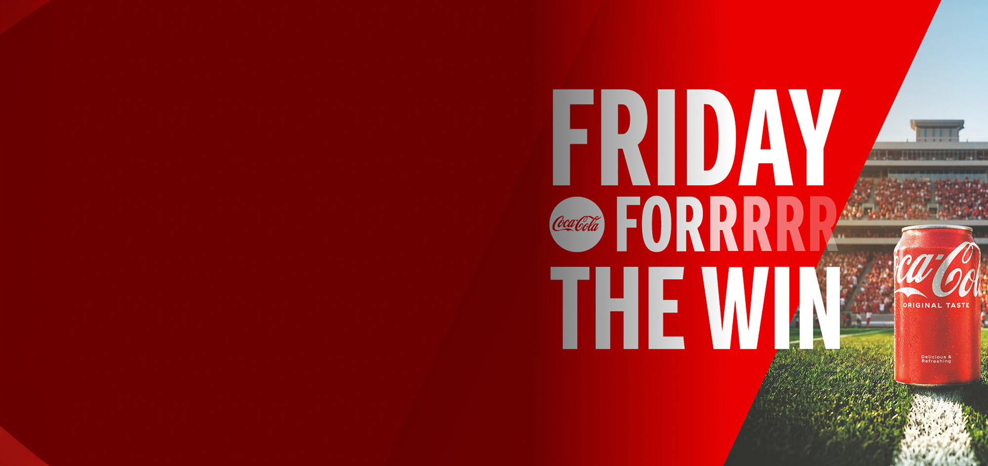 Teaser banner displaying a Coca-Cola can on a stadium field with Friday For The Win text for the Fall Football sweepstakes.