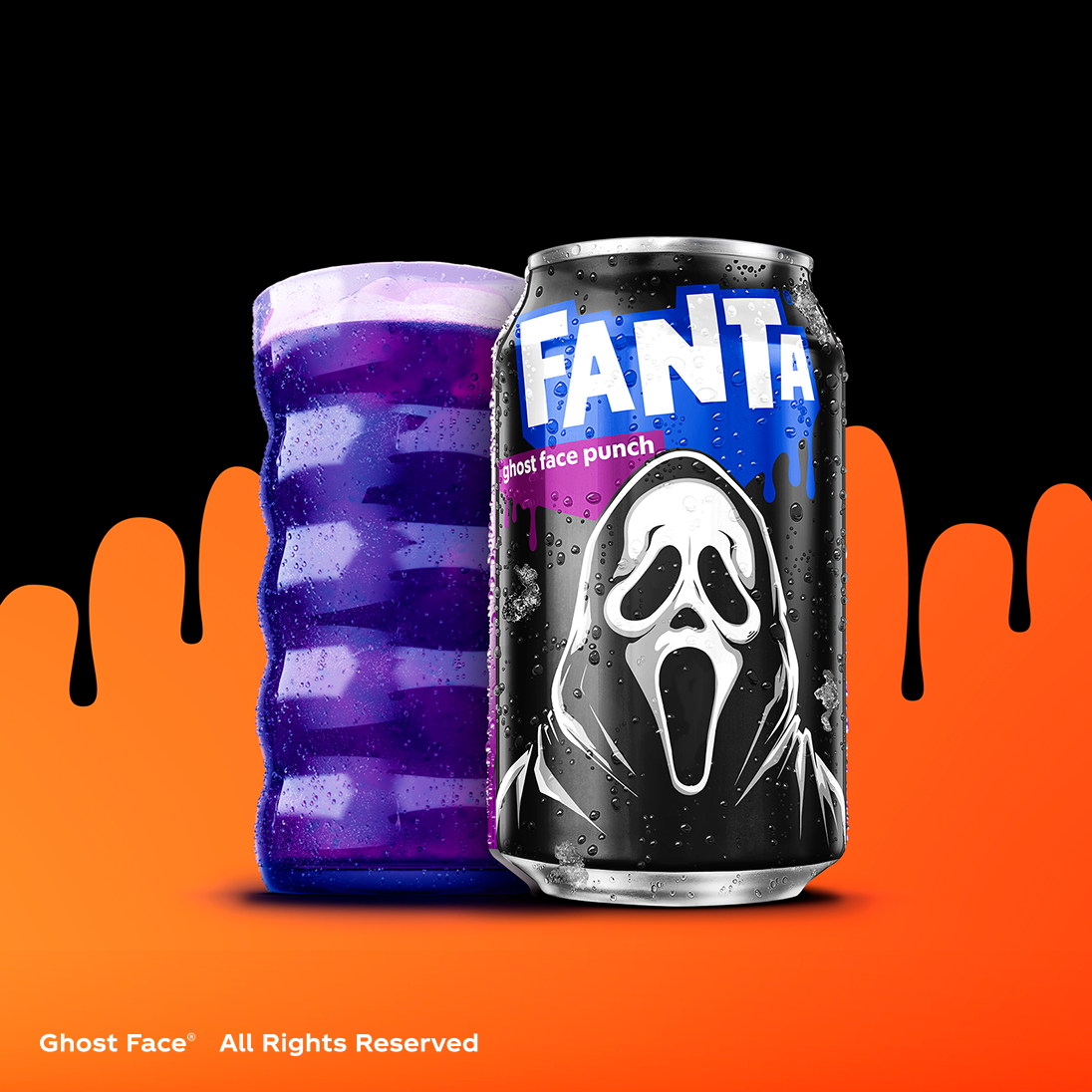 Packshot of the limited-edition Fanta Ghost Face Punch can next to a glass of purple soda.