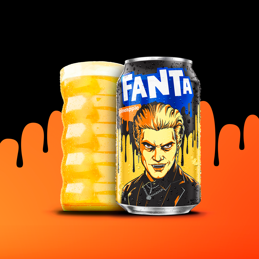 Fanta Pineapple Halloween can showing a vampire character, presented next to a glass of yellow soda.