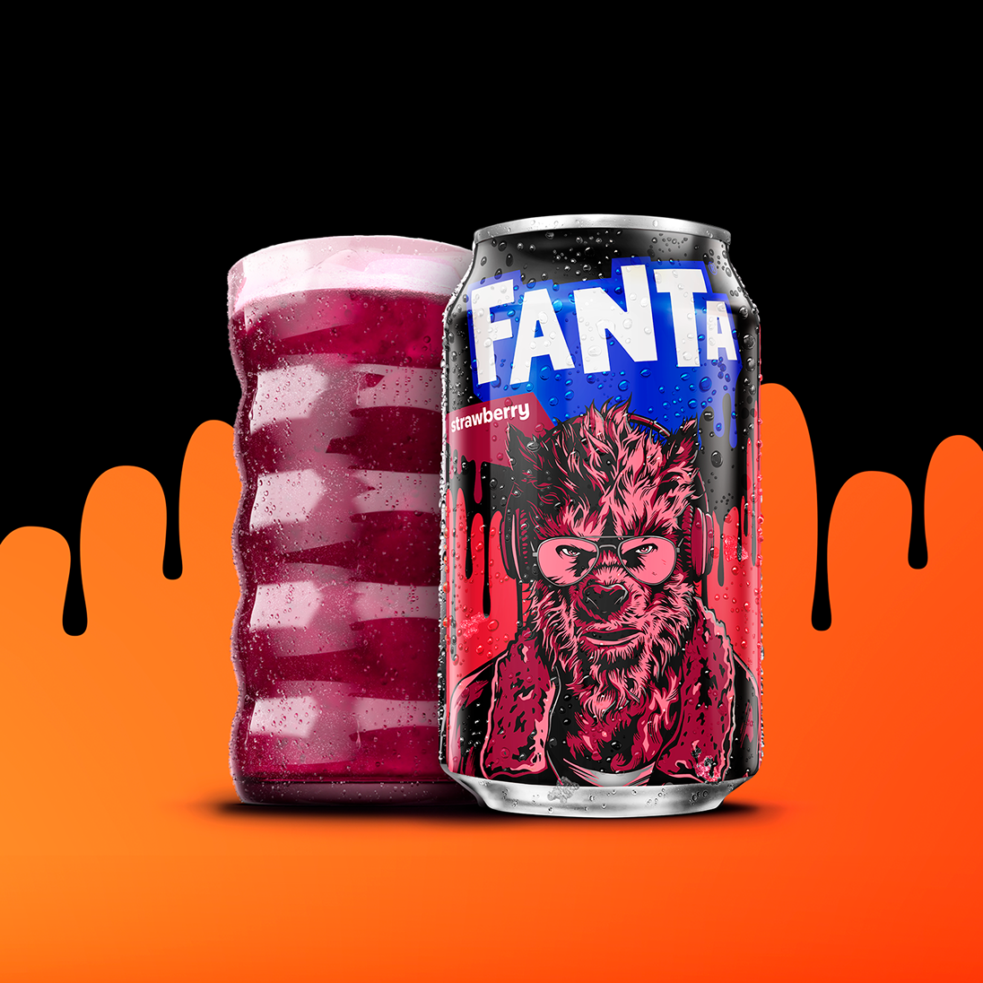 Fanta Strawberry Halloween can featuring a cool werewolf character, sitting beside a glass of red soda.