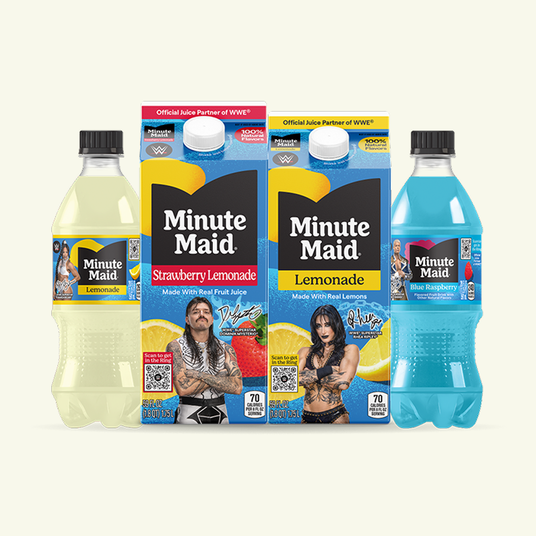 Two different cartons and bottles of WWE Collectible Packaging Juices
