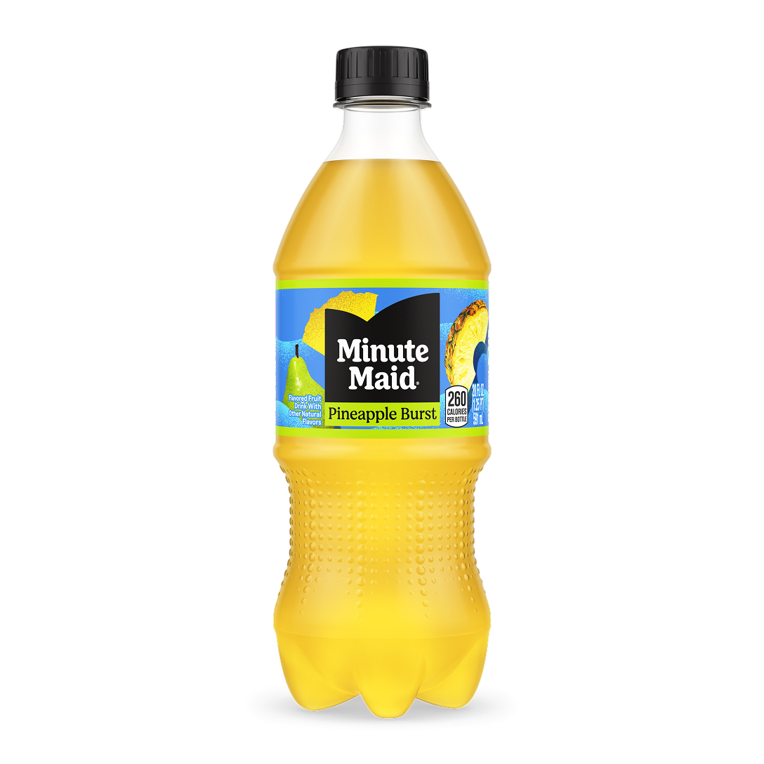 Minute Maid Pineapple Burst 20 fl oz bottle with a golden yellow liquid and blue and green label featuring pineapple, 260 calories per bottle.