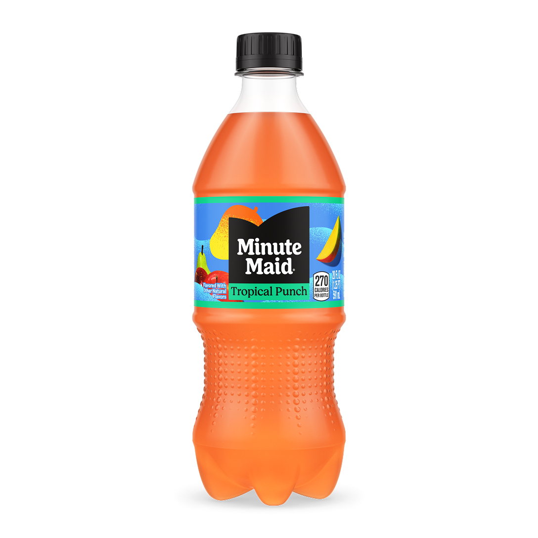 Minute Maid Tropical Punch 20 fl oz bottle with an orange liquid and blue and green label featuring mango and tropical fruits, 270 calories per bottle.