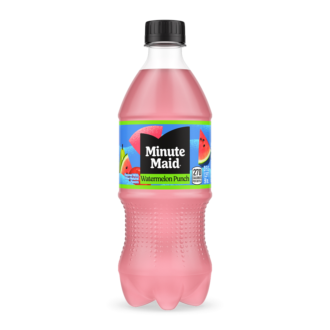 Minute Maid Watermelon Punch 20 fl oz bottle with a pink liquid and blue and green label featuring watermelon slices, 270 calories per bottle.