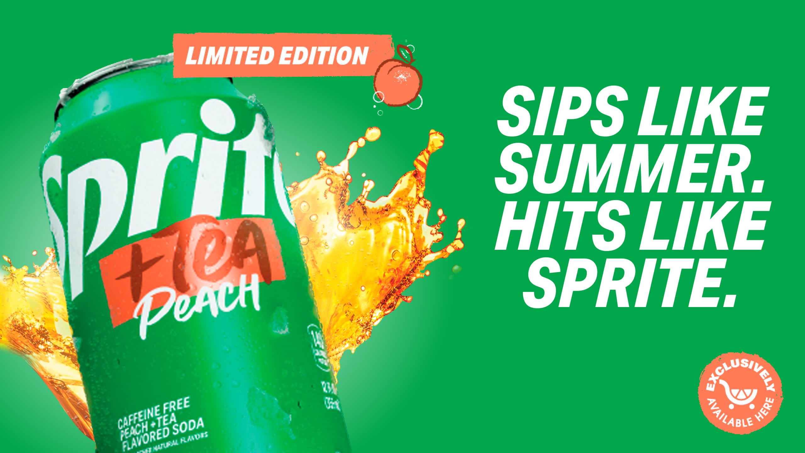 Limited edition Sprite Peach Tea can with a refreshing splash, featuring the text Sips like summer. Hits like Sprite.