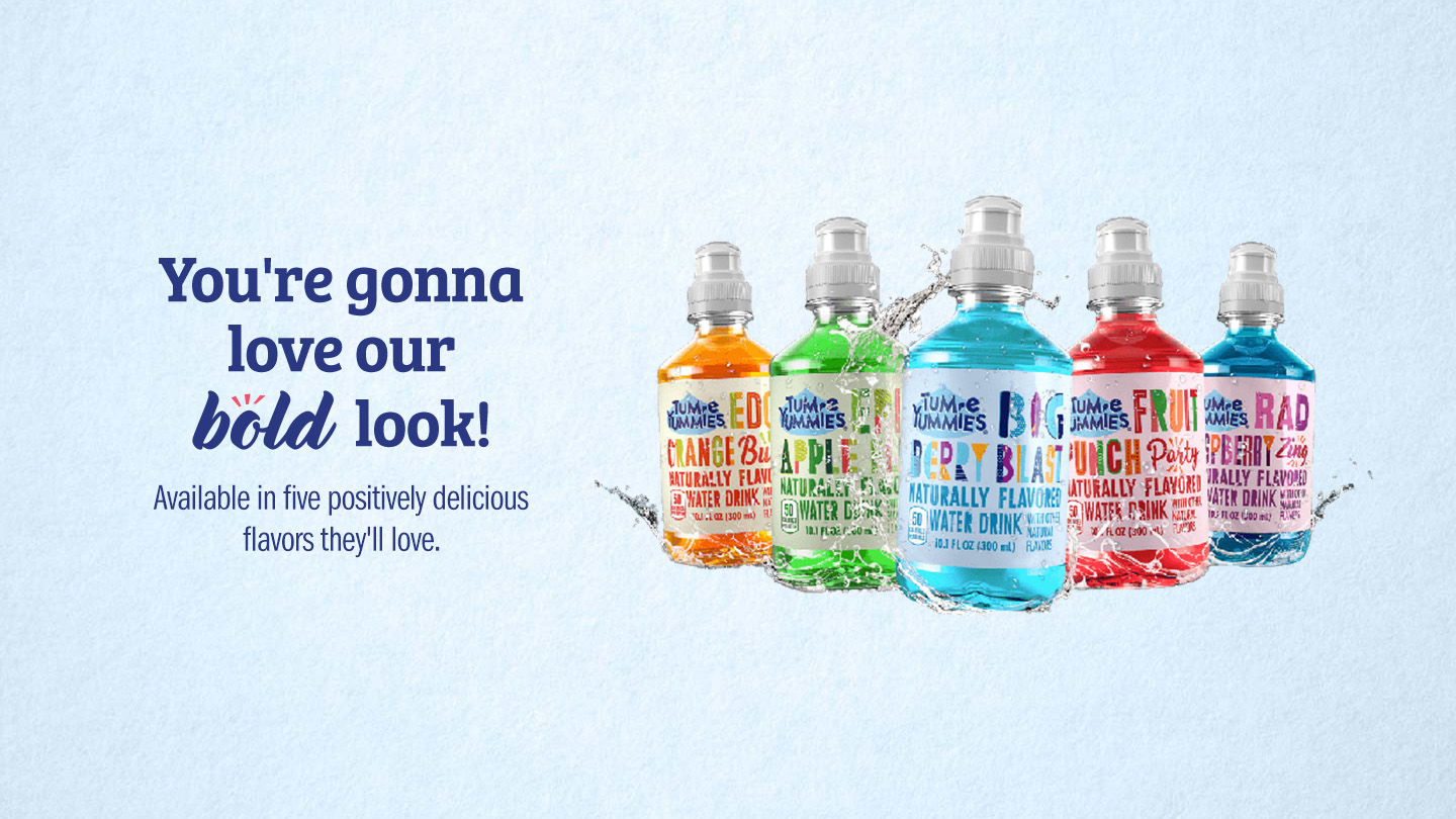 Five bottles of Tum-e Yummies on light blue background