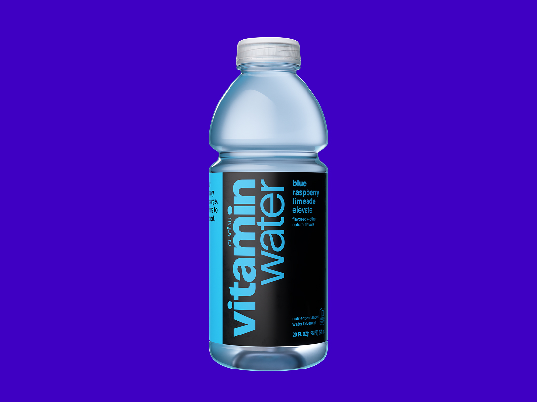 vitaminwater elevate blue raspberry limeade flavored water beverage on a dark blue background
