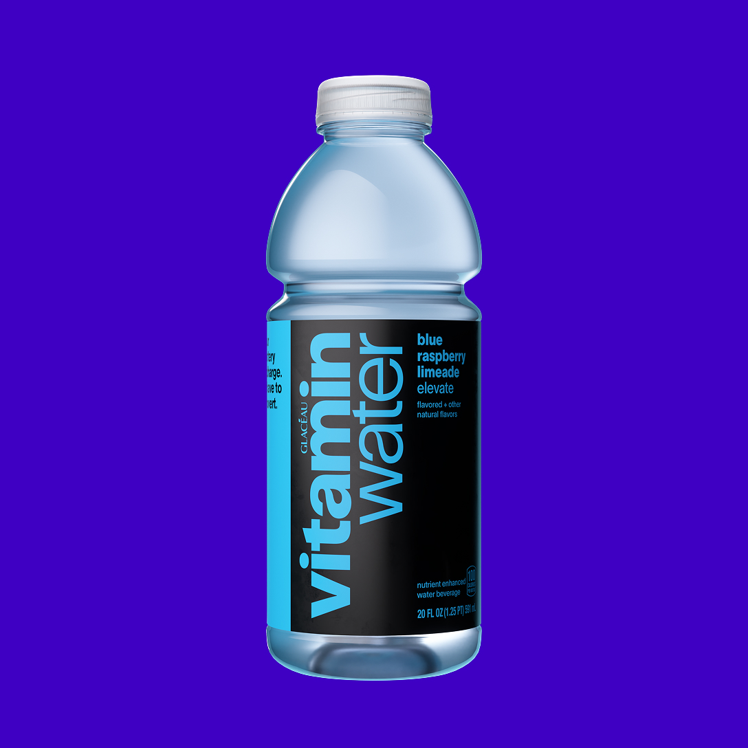 vitaminwater elevate blue raspberry limeade flavored water beverage on a dark blue background