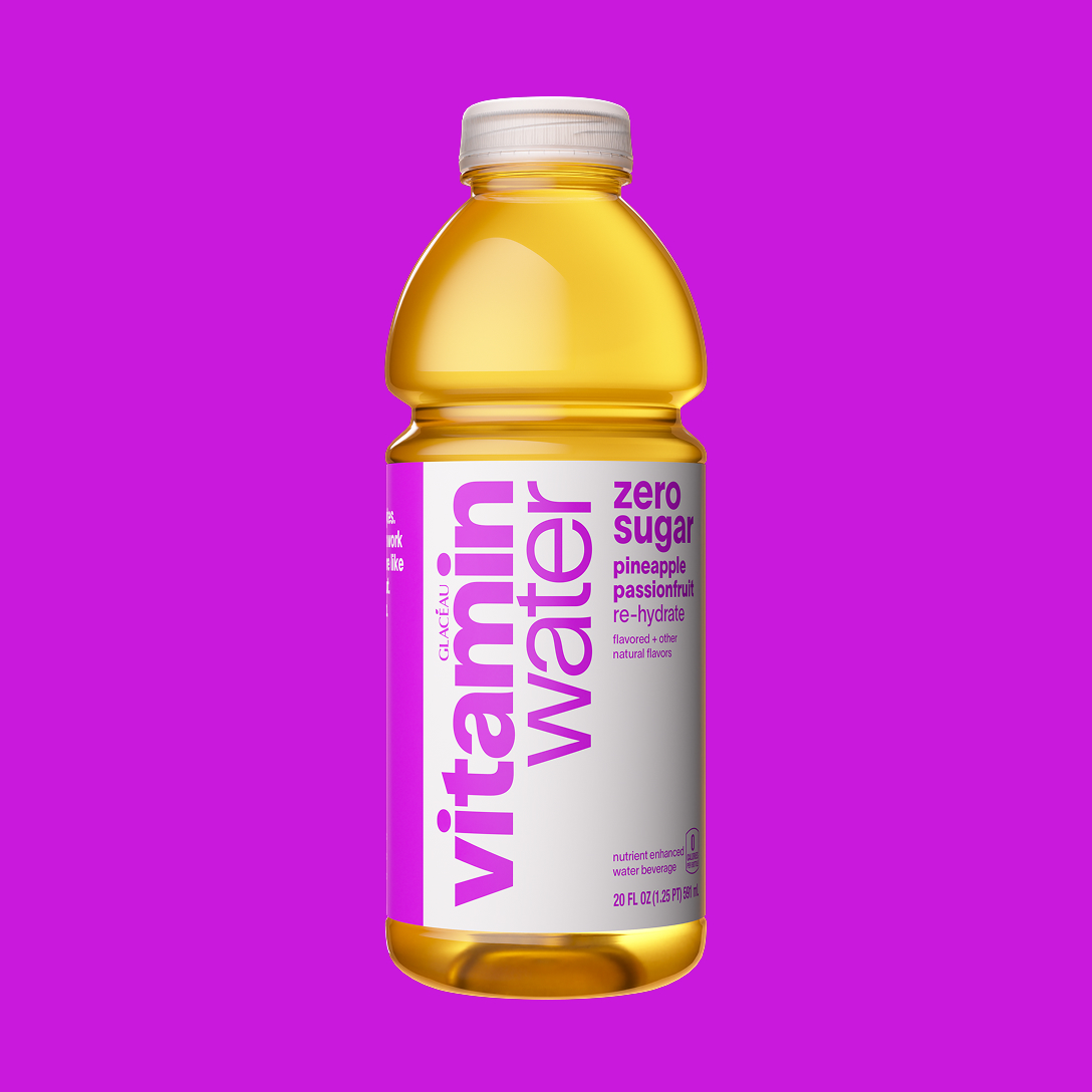vitaminwater rehydrate zero sugar pineapple passionfruit flavored water beverage on a purple background