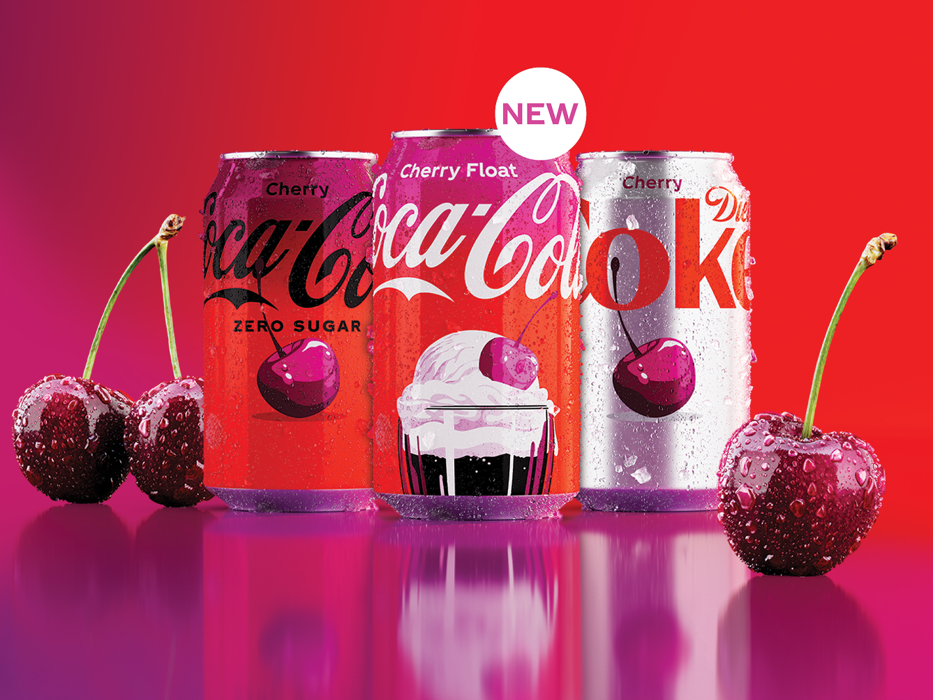 Year of Cherry sweepstakes promo tile featuring Coca-Cola Cherry Zero Sugar, new Cherry Float, and Diet Coke Cherry cans.