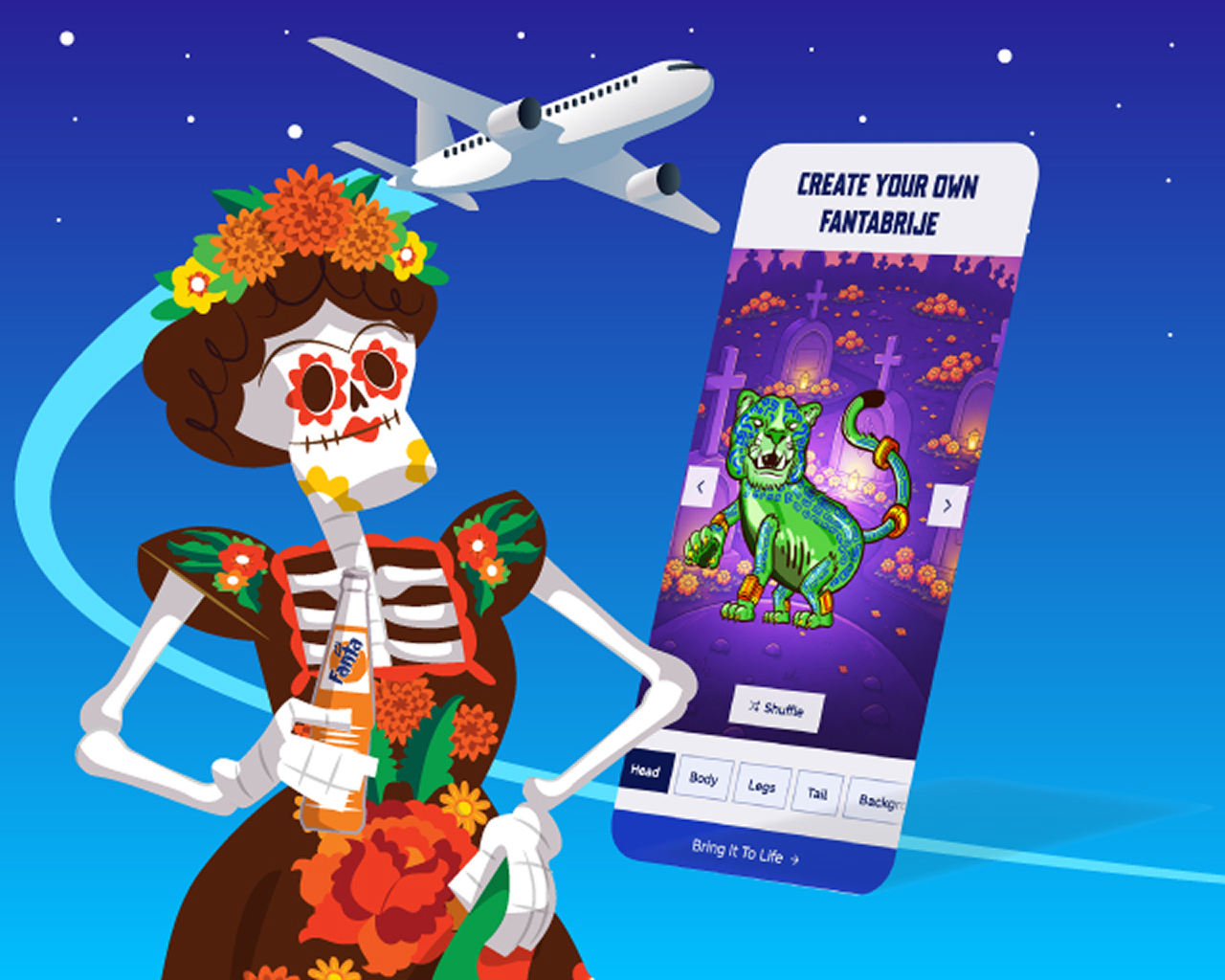 A Day of the Dead skeleton holding Fanta next to a phone screen to Create Your Own Fantabrije below a flying plane.