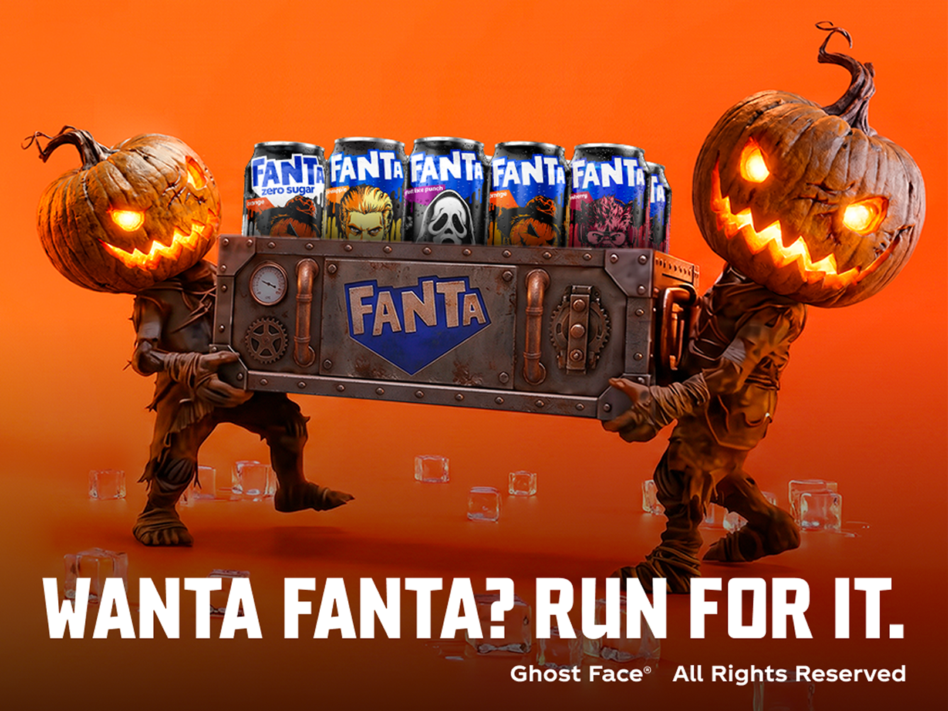 Fanta Halloween tile featuring pumpkin creatures carrying a cooler of Ghost Face and monster-themed cans.