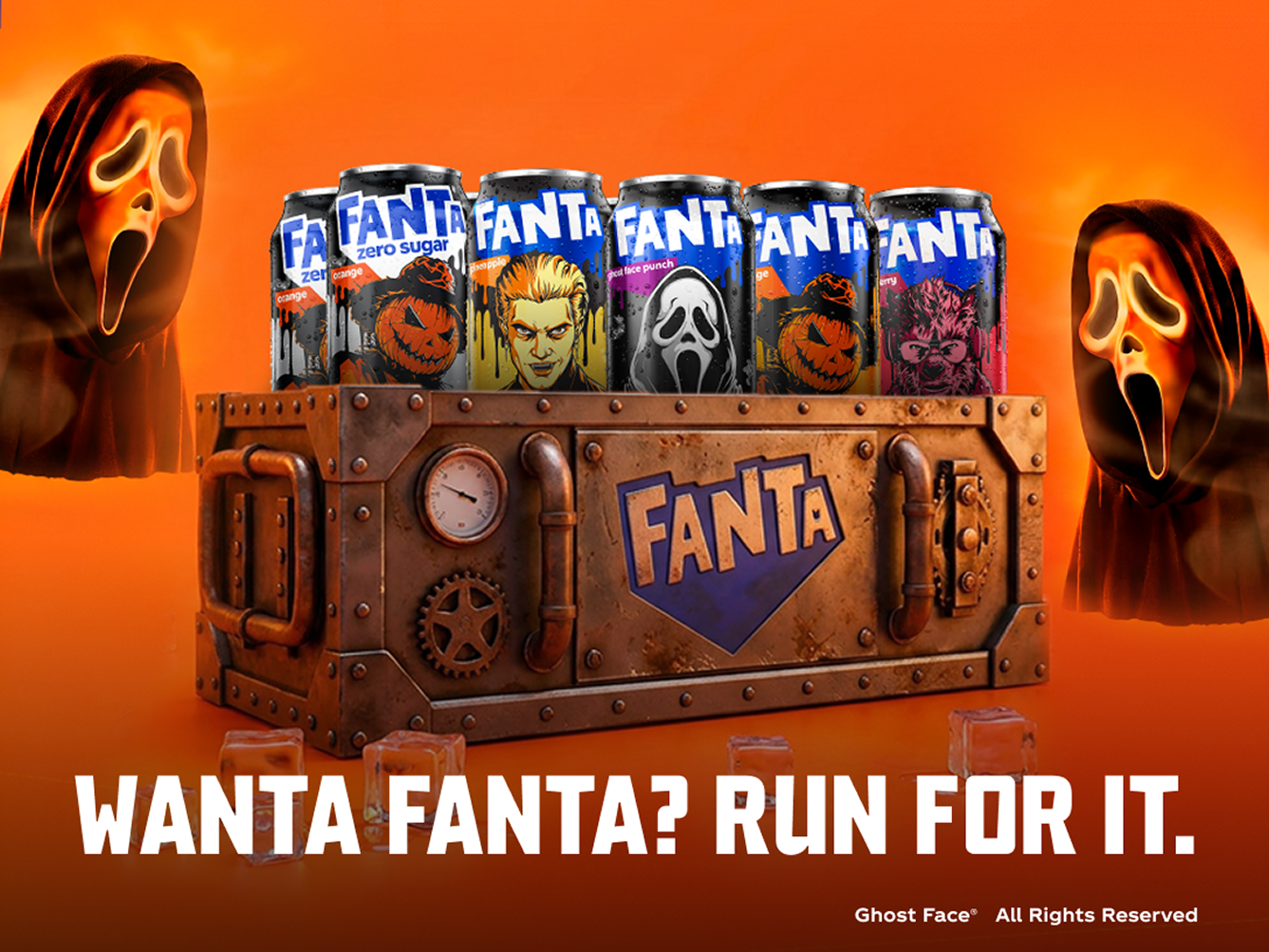 Halloween Fanta cans in a metal crate flanked by Ghost Face masks, above the promo text Wanta Fanta? Run For It.