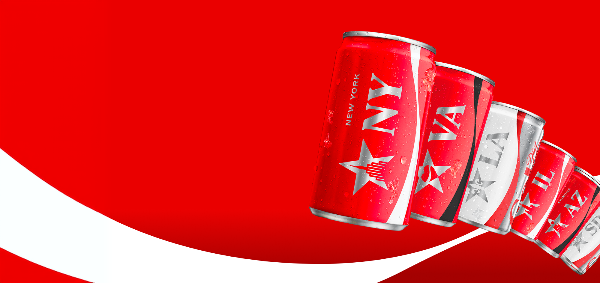 Six frosty Coca-Cola and Diet Coke cans with US state designs like NY and LA on a red background.