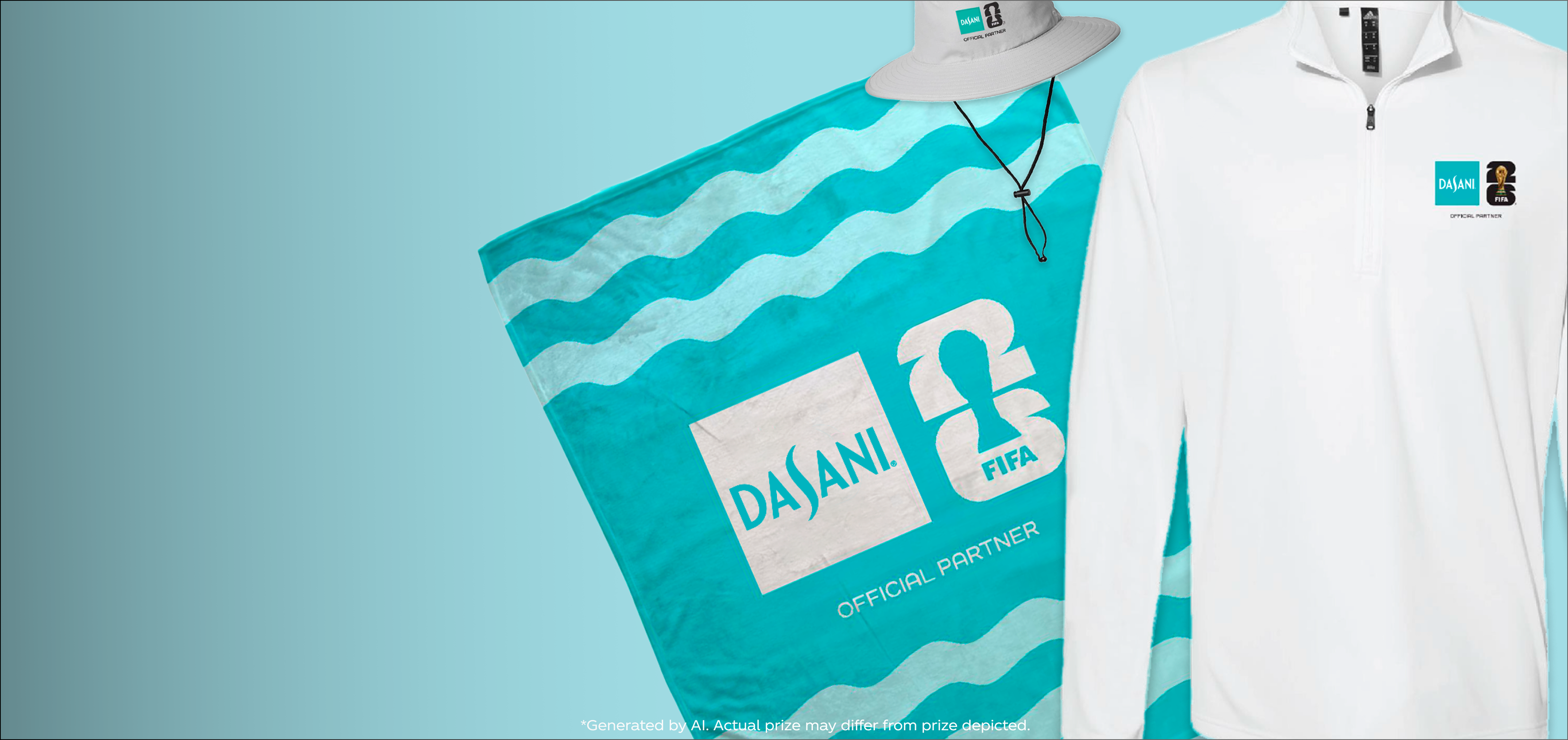 Dasani and FIFA promo banner featuring teal wave towel, white quarter-zip and bucket hat merchandise prize kit on blue gradient background