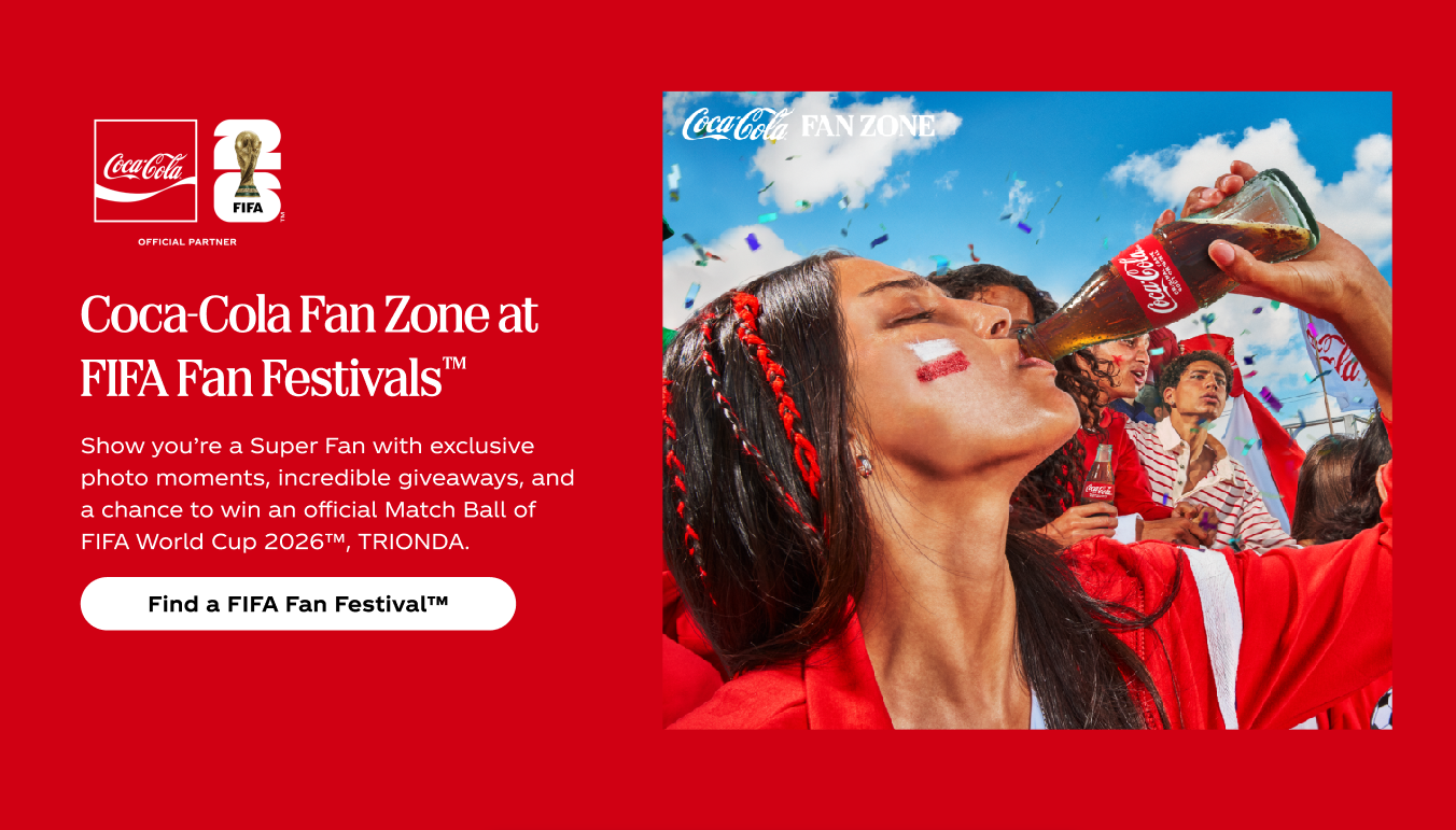 Coca-Cola Fan Zone hero showing soccer fans celebrating with Coke bottles beside copy about FIFA Fan Festival