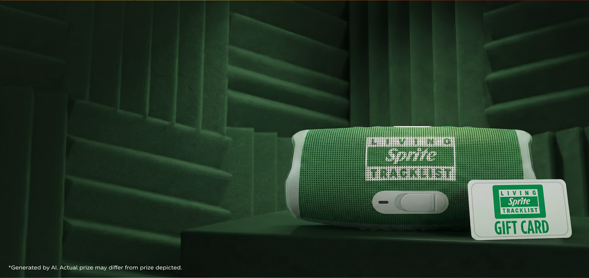 A green portable speaker and a gift card for the Living Sprite Tracklist promotion, set against a green acoustic foam background.