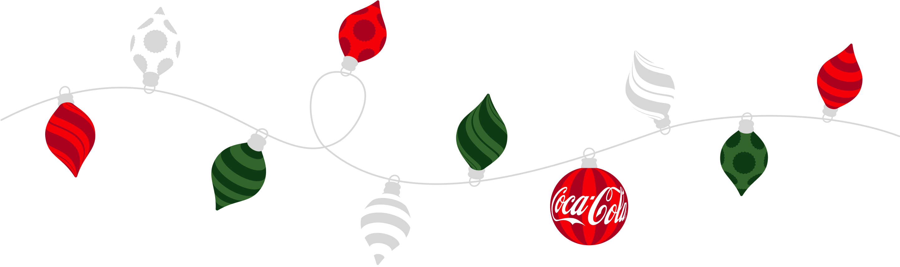 A vibrant string of Christmas lights featuring various red, green, and white holiday ornaments, including a distinctive red Coca-Cola branded spherical ornament. The lights are depicted against a clean, light gray background, perfect for seasonal marketing or holiday-themed content.