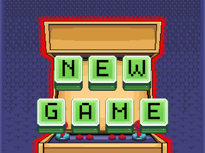 A retro pixel-art illustration of an arcade cabinet with a dark blue patterned background. Green tile buttons spell out 'NEW GAME' across two rows, with red joysticks below