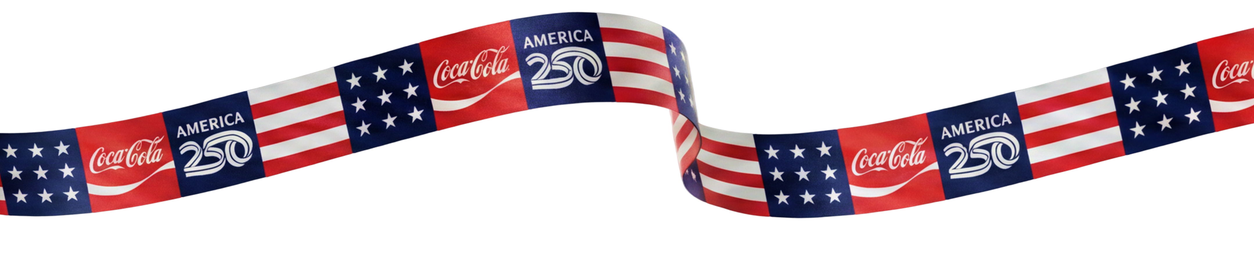 Waving ribbon of U.S. flag panels mixed with Coca‑Cola and America250 logos, forming a festive red, white and blue banner.