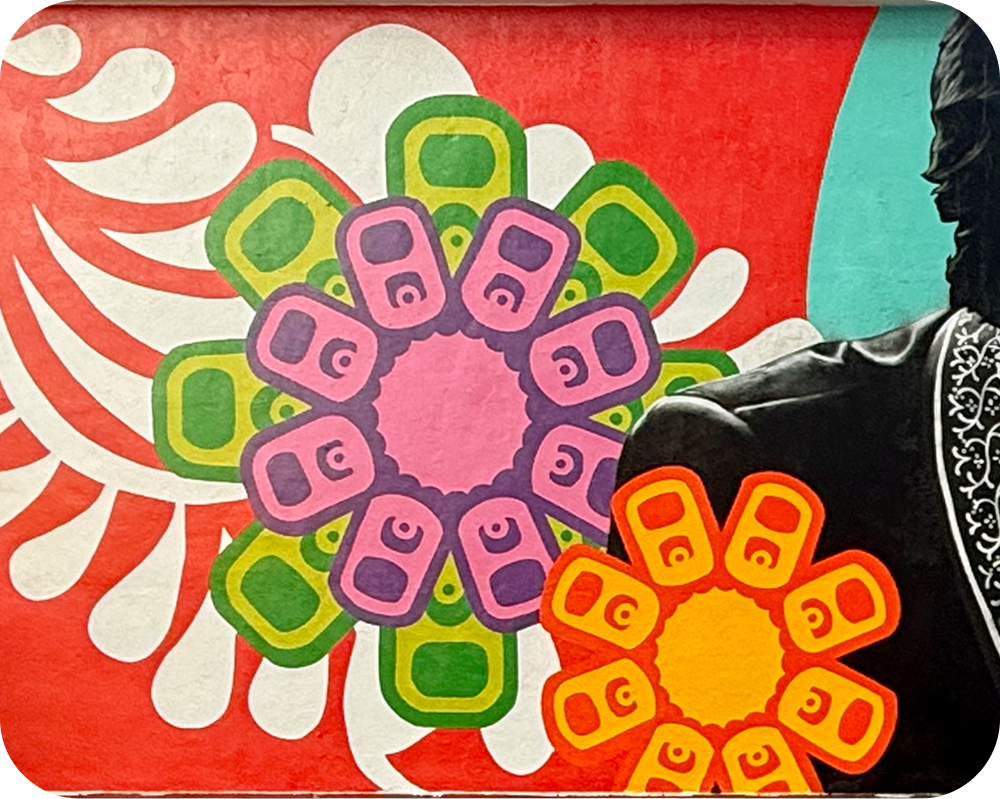 Detail of the Los Otros Coca‑Cola mural featuring colorful soda can tab flowers next to a painted figure.