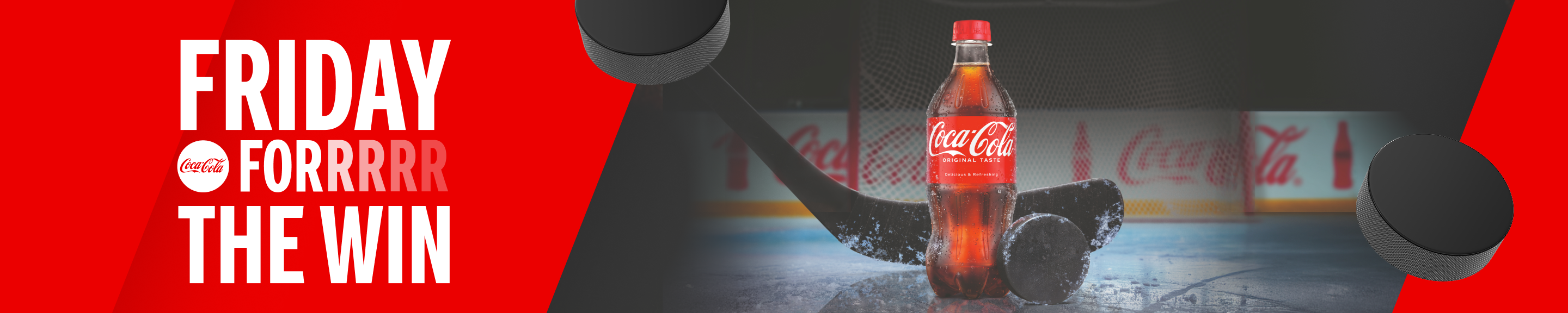 Coca-Cola fall hockey hero banner featuring a bottle on the ice and the text Friday for the Win.
