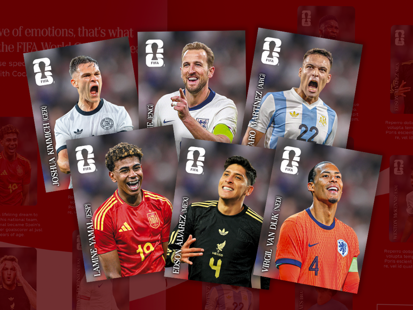 Six different Panini stickers of FIFA players Joshua Kimmich, Harry Kane, Lautaro Martínez, Lamine Yamal, Edson Álvarez, and Virgil van Dijk.