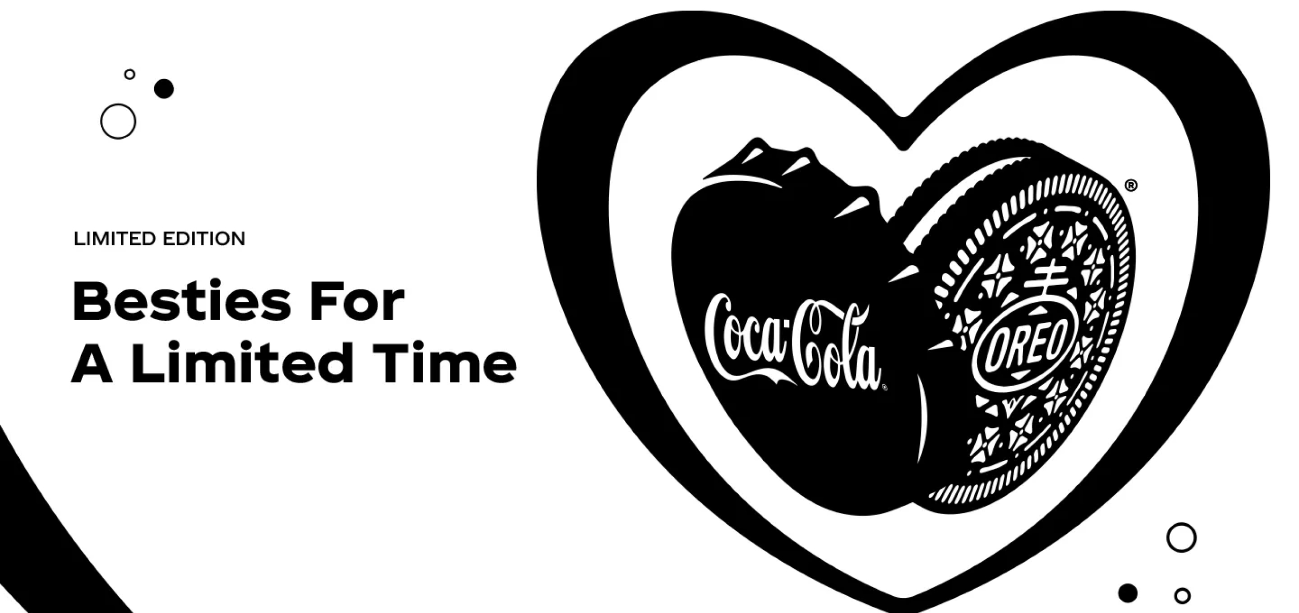 Text reading: "Limited Edition: Besties for a Limited Time" next to a black heart containing a Coca-Cola bottle cap and an OREO cookie