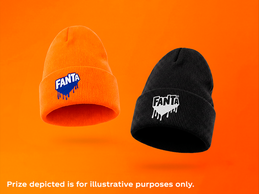 An orange and a black beanie featuring dripping Fanta logos, displayed as promotional giveaway prizes for Halloween.