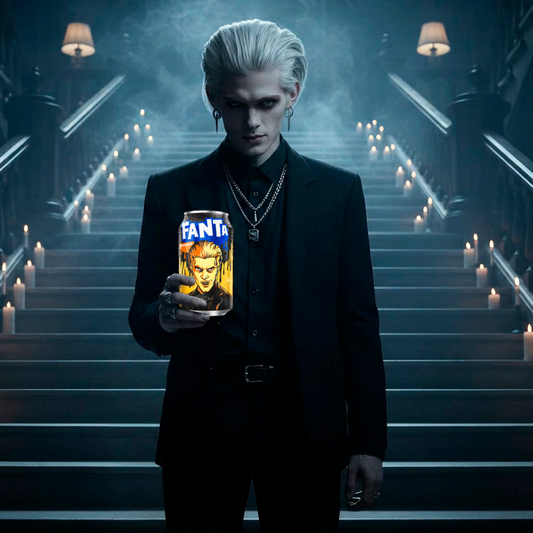 The Drayk character shown in a dark, stylish scene holding a Drayk Fanta can.