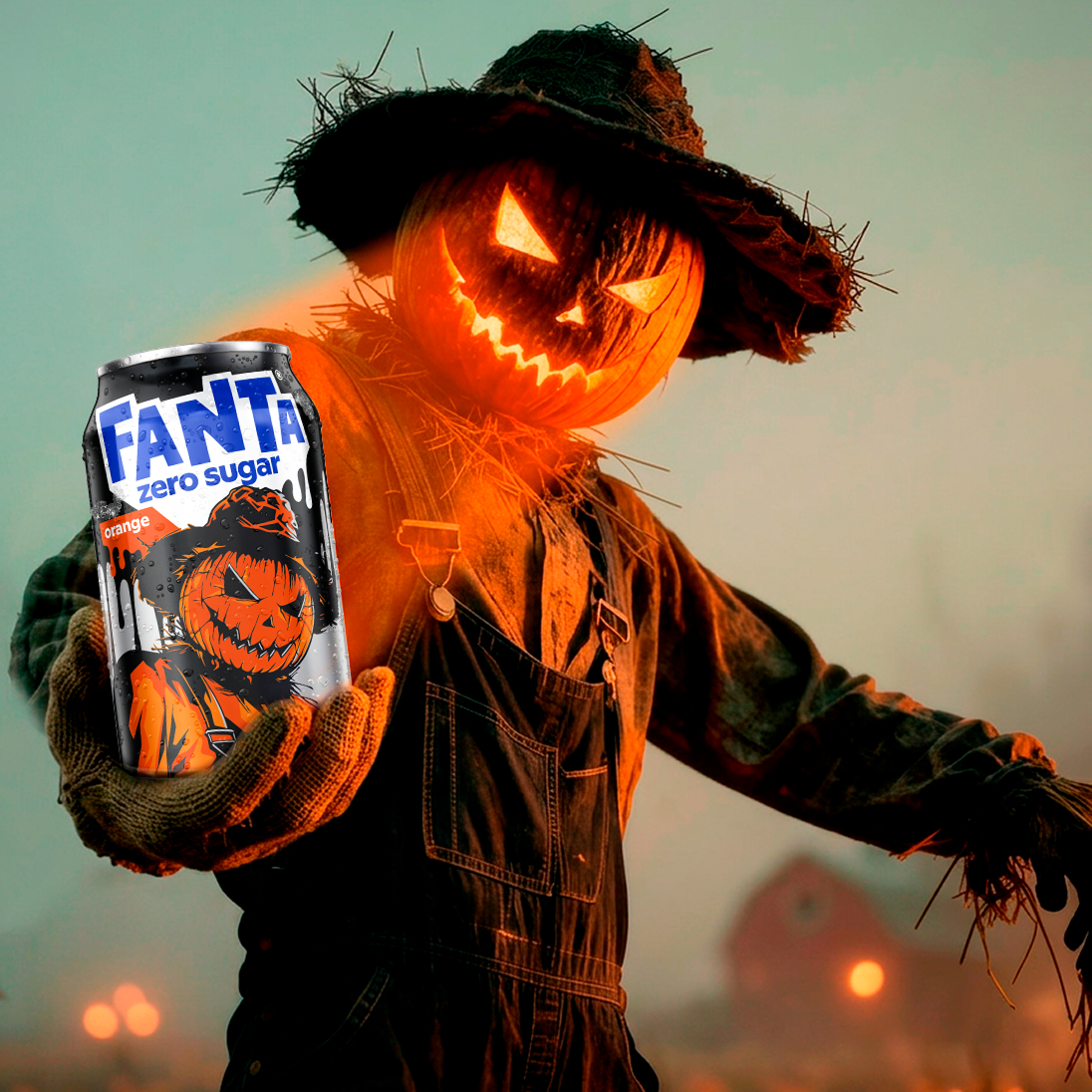 The Haystacks character holding a Haystacks Fanta can in a haunted farm setting.