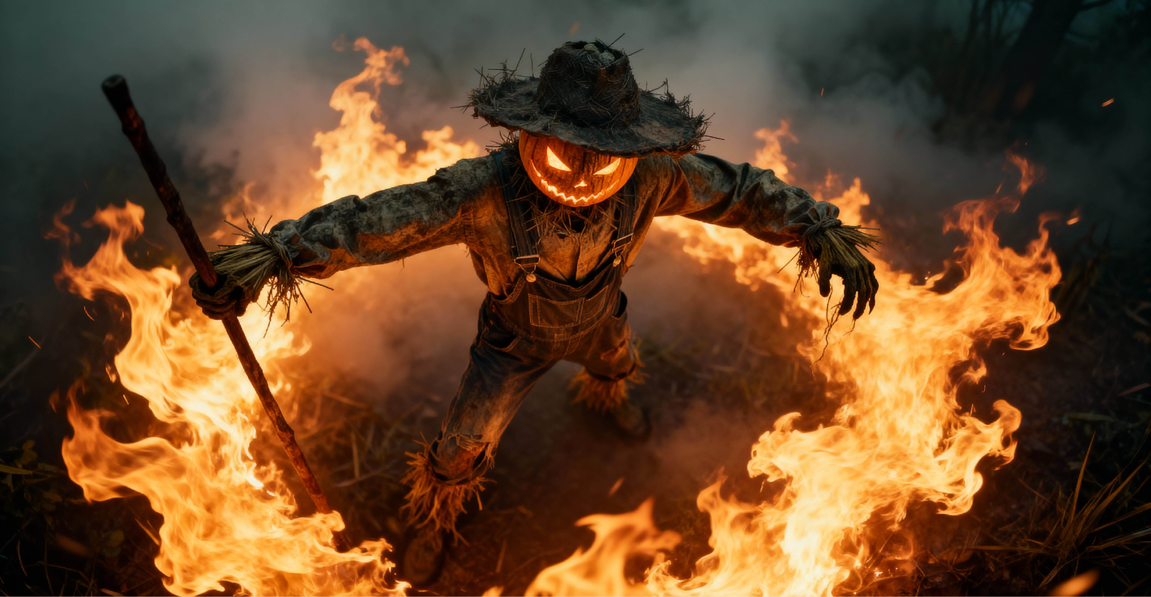 Haystacks the scary pumpkin-headed scarecrow stands surrounded by a ring of fire for the Haunted Fanta Universe.