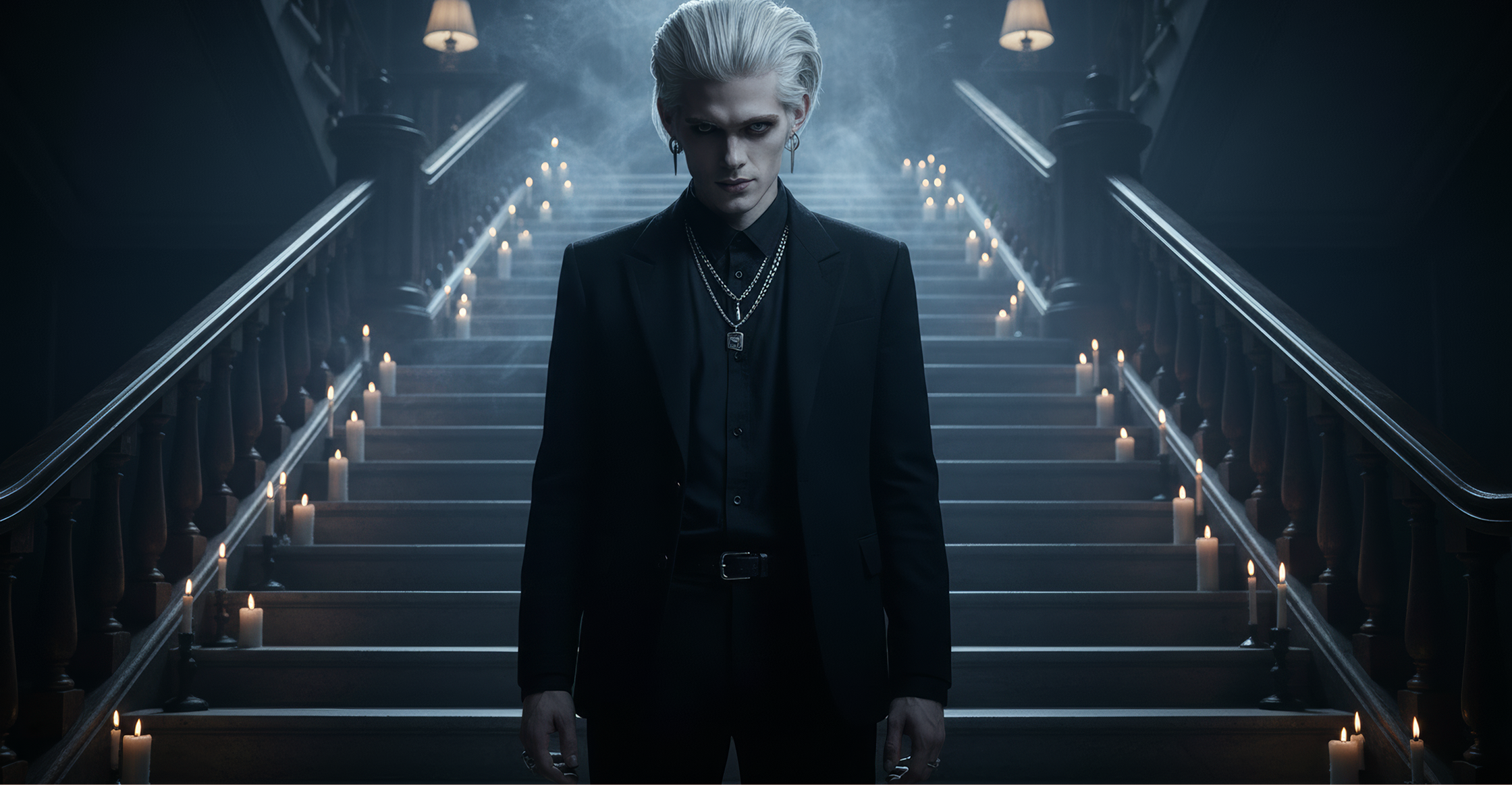 Drayk the vampire prince stands on a candlelit staircase in a dark mansion for the Fanta Halloween campaign.