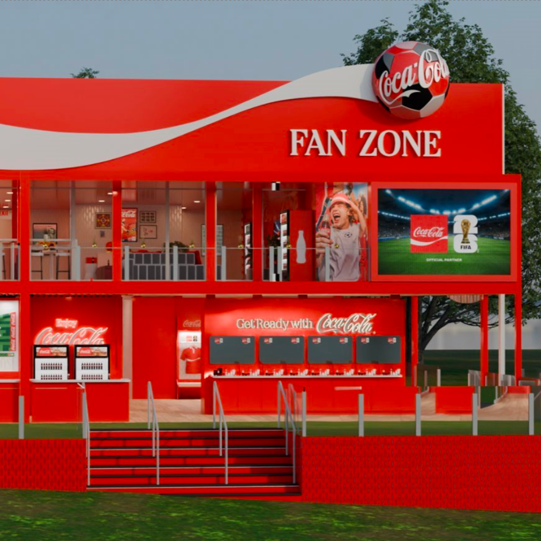 Rendering of Coca-Cola Fan Zone pavilion for Atlanta with multi-level red structure, service counters and big screens for match viewing.