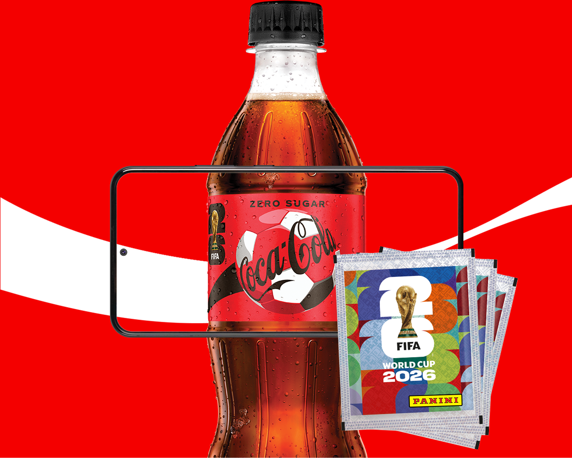 Coca-Cola Zero Sugar bottle next to a stack of FIFA World Cup 2026 Panini sticker packs
