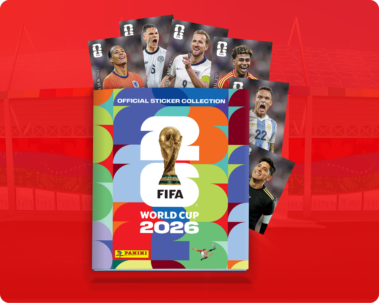 Gráfico del álbum de calcomanías Panini de la Copa Mundial de la FIFA 26™ con calcomanías de jugadores y los distintivos de Google Play y App Store.
