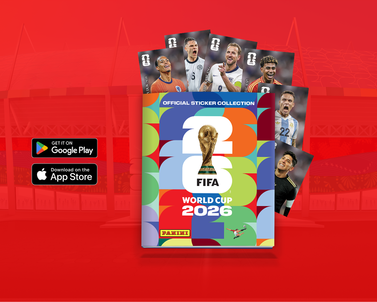 FIFA World Cup 2026 Panini sticker album graphic with player stickers and Google Play and App Store badges