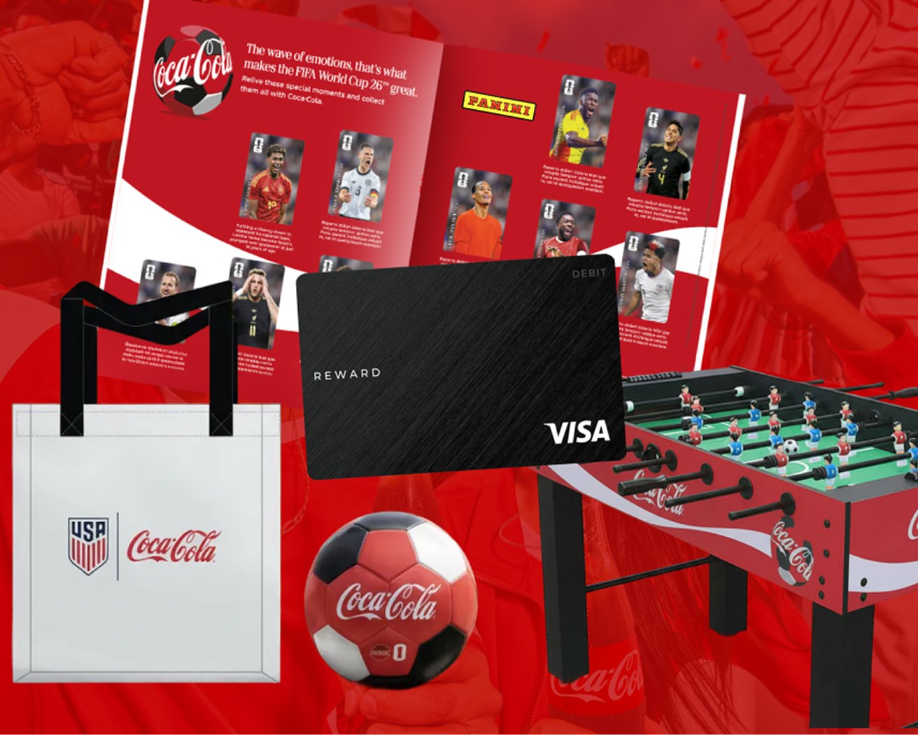 Collage de premios de campaña Prize Locker Coca‑Cola con álbum Panini, bolsa, tarjeta de recompensa, futbolito y balón.