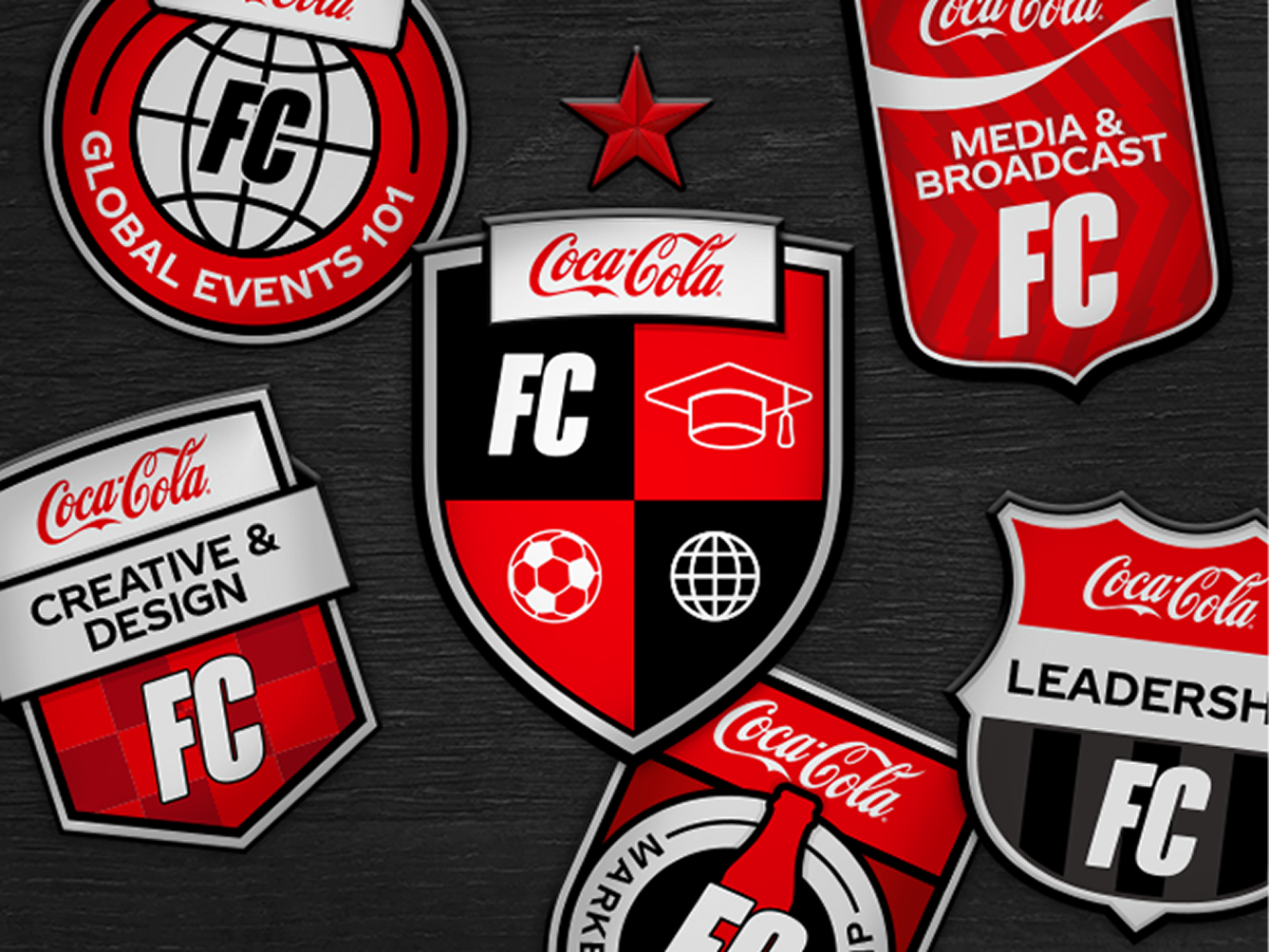 Coca-Cola FC shield surrounded by training badges for global events, media, leadership and creative teams, tile for FIFA digital hub.