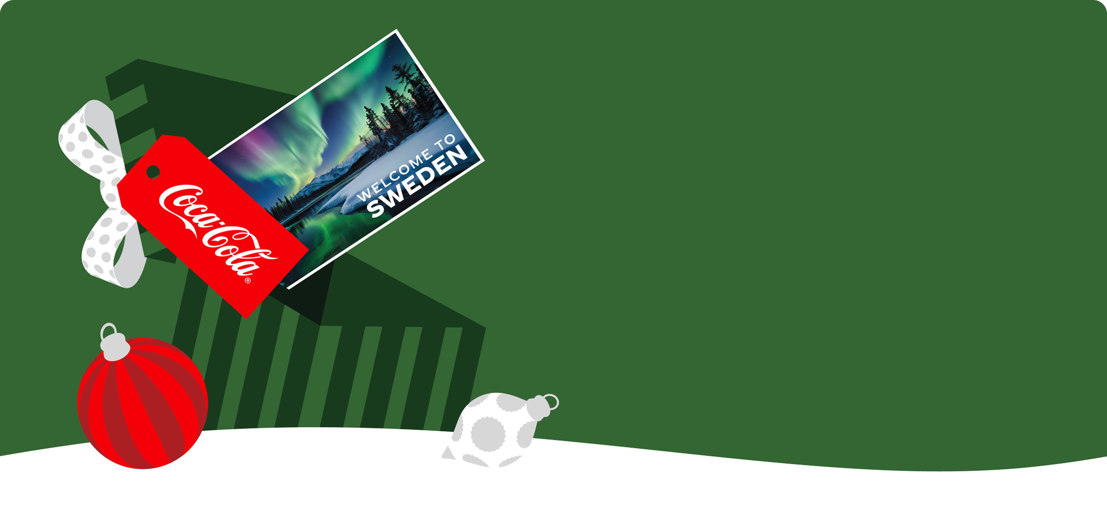 A gift box surrounded by ornaments with a Coca-Cola tag is opened to show a postcard from Sweden.