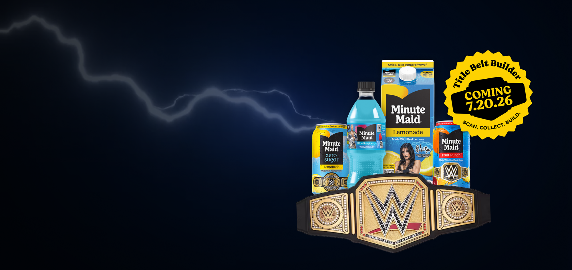Minute Maid x WWE belt builder banner with lemonade and fruit punch drinks, championship belt and July 20 2026 promo badge.