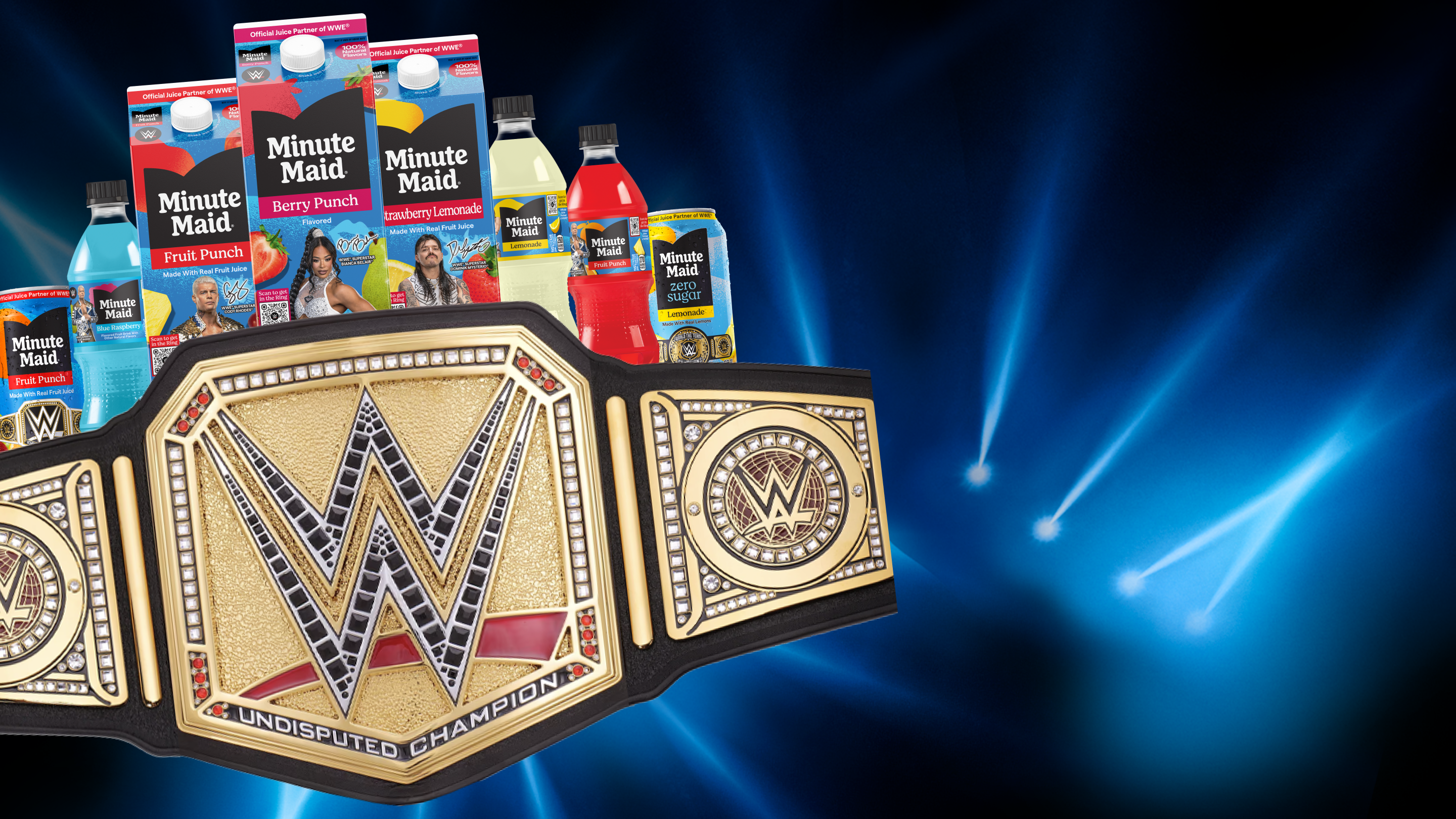 The Undisputed WWE Championship belt is featured in front of a promotional lineup of special edition Minute Maid WWE juices.