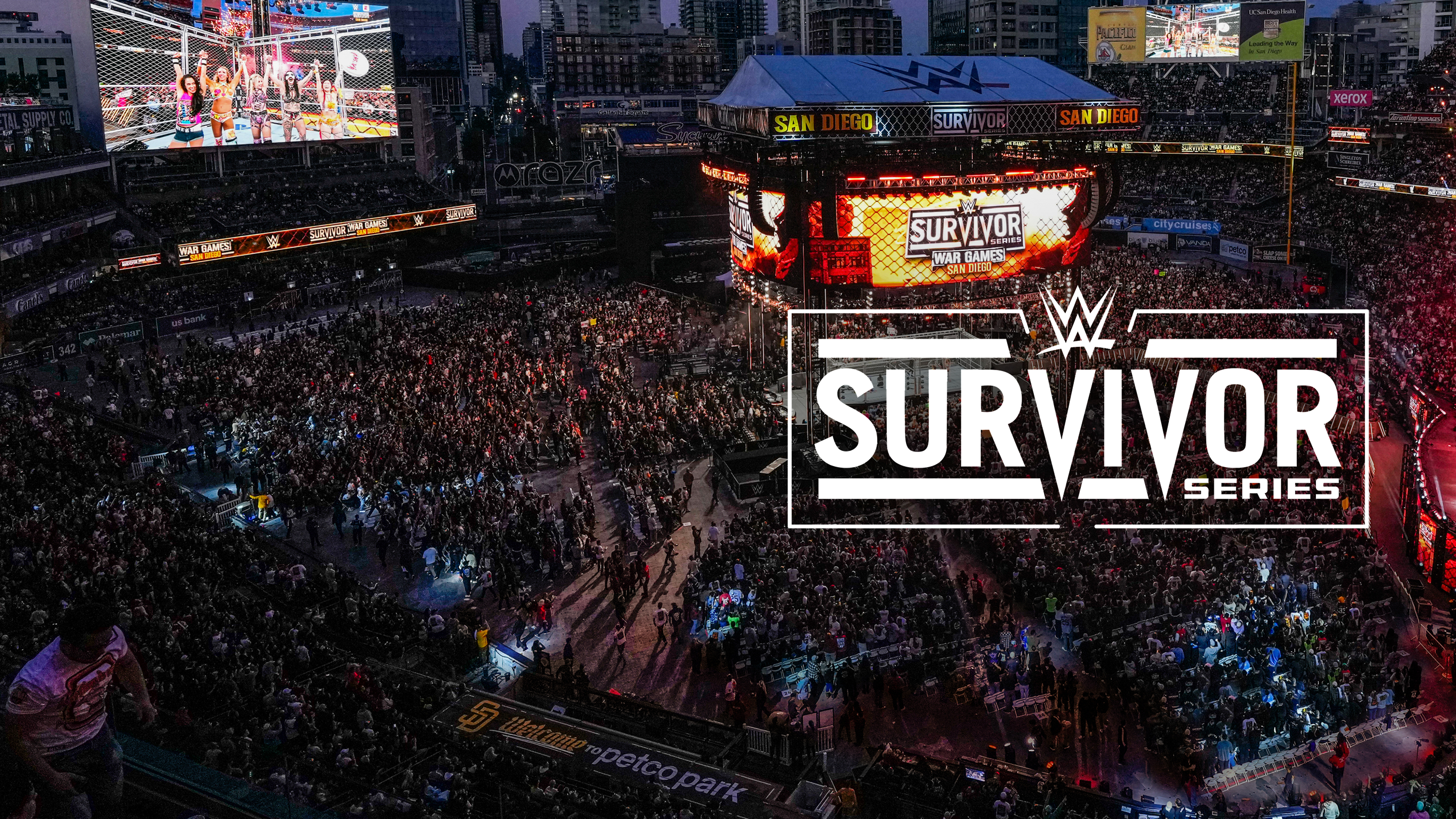 Minute Maid x WWE Survivor Series experience banner with nighttime stadium full of fans and illuminated Survivor Series stage screen.