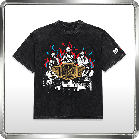 Minute Maid x WWE crew neck t-shirt with championship title belt graphic, wrestlers and flames on a black background.