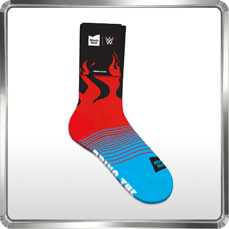 Minute Maid x WWE Bring the Juice athletic sock in red and blue with flame pattern and campaign logos near the cuff.