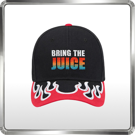 Black Bring the Juice baseball hat with red flame brim and multicolor embroidered campaign slogan on the front.